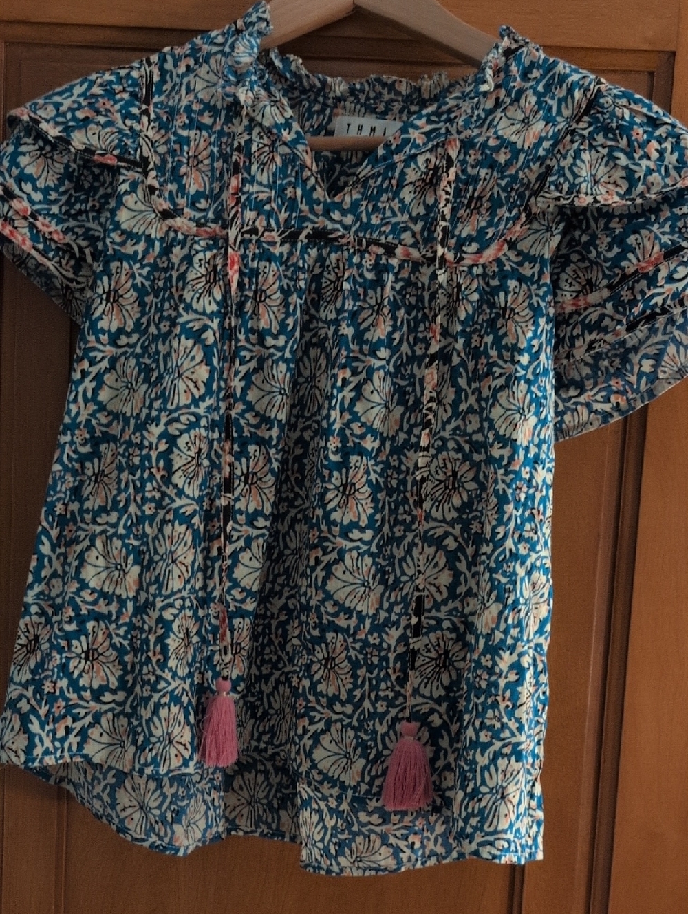 Blue Floral Woman's  Top with Pink Tassels